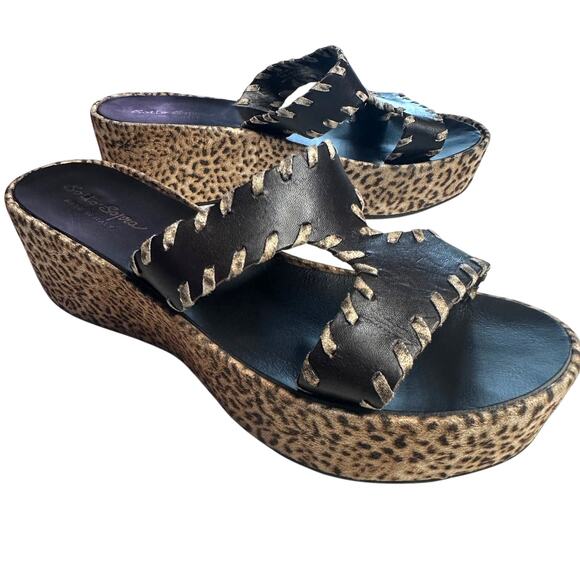 W8 Y2K VTG Sotto Sopra Leopard Print Platform Sandals Leather Coquette Mob Wife - Picture 1 of 10